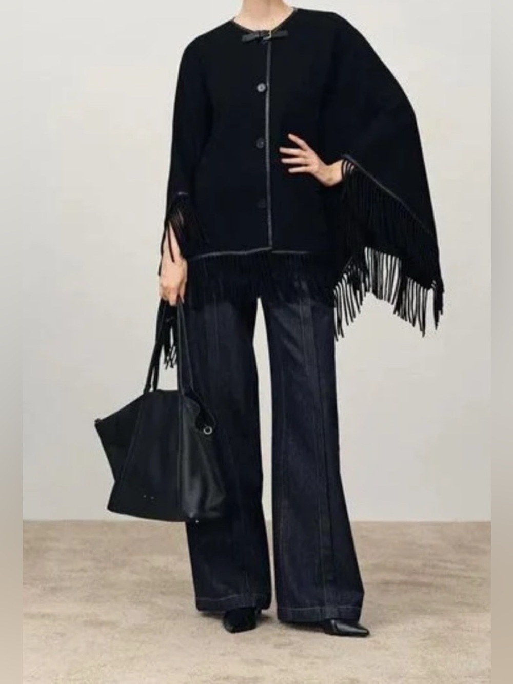 Fabrique Luna Contrast Leather Fringe Poncho, Black - XS